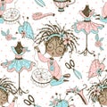 Seamless pattern with a cute little black girl needlewoman embroidering on an embroidery frame. Vector.