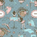 .Seamless pattern with cute little black-skinned dressmaker and sewing accessories. Vector.