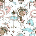 Seamless pattern with cute little black-skinned dressmaker and sewing accessories. Vector.