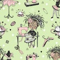 Seamless pattern with cute little black-skinned dressmaker and sewing accessories. Vector. Royalty Free Stock Photo