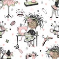 Seamless pattern with cute little black-skinned dressmaker and sewing accessories. Vector Royalty Free Stock Photo