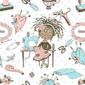 Seamless pattern with cute little black-skinned dressmaker and sewing accessories. Vector. Royalty Free Stock Photo