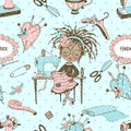 Seamless pattern with cute little black-skinned dressmaker and sewing accessories. Vector Royalty Free Stock Photo