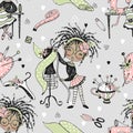 Seamless pattern with cute little black-skinned dressmaker and sewing accessories. Vector Royalty Free Stock Photo