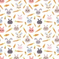 Seamless pattern with cute little bunnies and carrots. Hand drawn background with rabbits. Nursery style