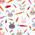 Seamless pattern with cute little bunnies and carrots. Nursery style. Hand drawn background with rabbits