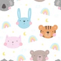 Seamless pattern with cute little bunny, koala, tiger, cat. vector illustration. Vector print with rabbit, koala, tiger, cat
