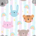 Seamless pattern with cute little bunny, koala, tiger, cat. vector illustration. Vector print with rabbit, koala, tiger