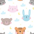 Seamless pattern with cute little bunny, raccoon, tiger, cat, bear. vector illustration. Vector print with rabbit, raccoon, tiger
