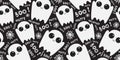 Seamless pattern with cute little cartoon ghosts on black background. Halloween boo funny symbols flying above the ground. Vector