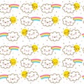 Seamless pattern with cute little clouds with rainbows and sun - kawaii background for kids textile design