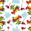 Seamless pattern of Cute little crocodile flying on a airplane. funny animal cartoon. Creative vector childish background for Royalty Free Stock Photo