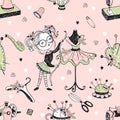 Seamless pattern with cute little dressmaker with sartorial mannequins and sewing accessories. Vector