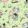 Seamless pattern with cute little dressmaker and sewing accessories. Vector