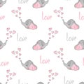 Seamless pattern with cute little elephants and hearts.