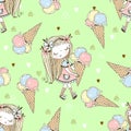 Seamless pattern with a cute little girl with ice cream on a green background. Vector Royalty Free Stock Photo