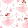 Seamless Pattern Cute Little Girls Ballerinas in Pink Dresses and Flowers with White Background, Ai generative Royalty Free Stock Photo