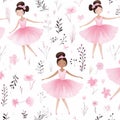 Seamless Pattern Cute Little Girls Ballerinas in Pink Dresses and Flowers with White Background, Ai generative Royalty Free Stock Photo