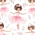 Seamless Pattern Cute Little Girls Ballerinas in Pink Dresses and Flowers with White Background, Ai generative Royalty Free Stock Photo