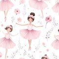 Seamless Pattern Cute Little Girls Ballerinas in Pink Dresses and Flowers with White Background, Ai generative Royalty Free Stock Photo