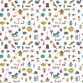 Seamless pattern for cute little girls and boys. Doodle children background. Sketch set of drawings in child style Royalty Free Stock Photo