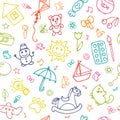 Seamless pattern for cute little girls and boys. Doodle children drawing background. Sketch set of drawings in child style Royalty Free Stock Photo