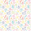 Seamless pattern for cute little girls and boys. Sketch set of drawings in child style. Doodle children drawing background Royalty Free Stock Photo