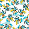 Seamless pattern of Cute little lion flying on a airplane. funny animal cartoon. Creative vector childish background for fabric Royalty Free Stock Photo