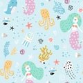 Seamless pattern with cute little mermaids. Creative undersea childish texture. Great for fabric, textile Vector Illustration