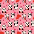 Seamless Pattern with Cute little sitting pandas holds hearts. Love, Valentine\'s Day Royalty Free Stock Photo