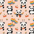 Seamless pattern with Cute little sitting pandas holds rainbow hearts Royalty Free Stock Photo