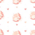 Seamless pattern with cute little sleeping sheep on moon on white background. Vector illustration for design, wallpaper Royalty Free Stock Photo