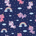 Seamless pattern with cute little unicorn. clouds, unicorn, rainbow and stars. Amazing illustration for kids. Night Royalty Free Stock Photo