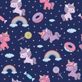 Seamless pattern with cute little unicorn. clouds, unicorn, rainbow and stars, with sweets, doughnuts and lollipops Royalty Free Stock Photo