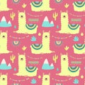 Seamless pattern of cute llamas, alpacas with yellow wool, mountains, cacti on a bright pink background. Image for children, room,