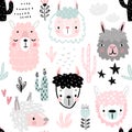 Seamless pattern with Cute Llamas. Childish Alpaca background characters with cacti and other elements