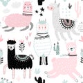 Seamless pattern with Cute Llamas. Childish Alpaca background characters with cacti and other elements