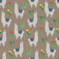 Seamless pattern with Cute llamas and flowers, cactuses, succulents. Hand drawing flat doodles vector