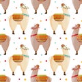 Seamless pattern, cute llamas in a hat with a saddle, mexican alpaca. Background, print, children\'s textile