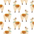 Seamless pattern, cute llamas in a hat with a saddle, mexican alpaca. Background, print, children\'s textile vector