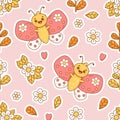 Seamless pattern with cute in love butterflies and flowers on light pink background. Groovy vector Illustration for Kids Royalty Free Stock Photo