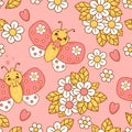 Seamless pattern with cute in love butterflies and flowers on pink background. Groovy vector Illustration for wallpaper Royalty Free Stock Photo