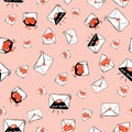 Seamless pattern with cute love letters mails on orange background