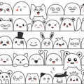 Seamless pattern with cute lovely kawaii monsters and animals. Doodle cartoon clouds with faces in manga style. Cute