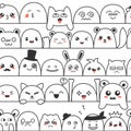 Seamless pattern with cute lovely kawaii monsters and animals. Doodle cartoon clouds with faces in manga style. Cute emoticon Royalty Free Stock Photo