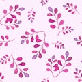 Seamless pattern. Cute magenta leafs, watercolor hand painting on pink background