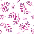 Seamless pattern. Cute magenta leafs, watercolor hand painting on white background