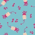 Seamless pattern cute menstruation period object. Background with women\'s sanitary tampons. hygiene supplies f