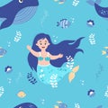 Seamless pattern with cute mermaid, blue whale with fish, seaweed and pearls on light blue background. Vector
