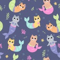 Seamless pattern of cute mermaid cats. Vector graphics